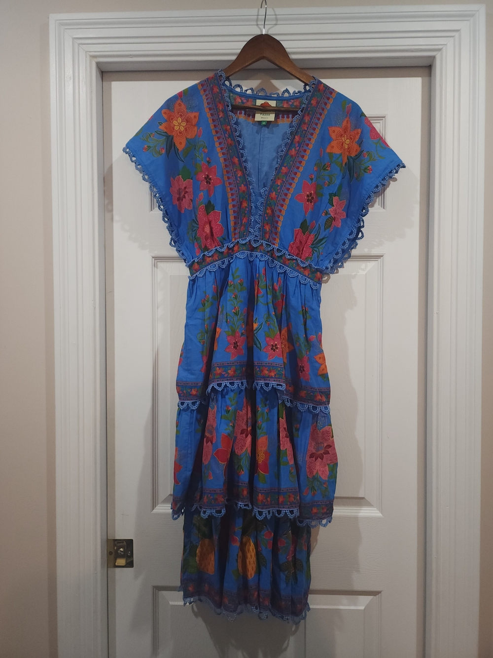 FARM Rio Bright Blue Floral High-Low Tiered Dress